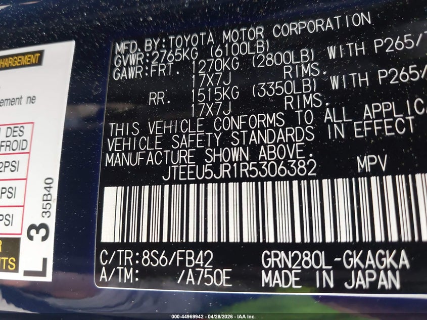 2024 Toyota 4runner VIN JTEEU5JR1R5306382 IAAI salvage auction — FRONT END, Clear (Arkansas), sold $16,350 on 2026-07-29 (photo 9)