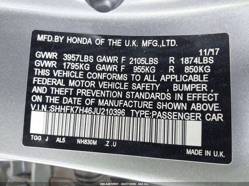 2018 Honda Civic VIN SHHFK7H46JU210396 IAAI salvage auction — FRONT END, Salvage Title, sold $2,100 on 2026-07-08 (photo 9)