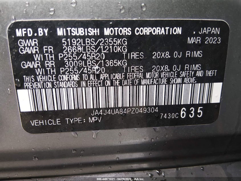 2023 Mitsubishi Outlander VIN JA4J4UA84PZ049304 IAAI salvage auction — HAIL, Salvage (Missouri), sold $12,600 on 2026-07-15 (photo 9)
