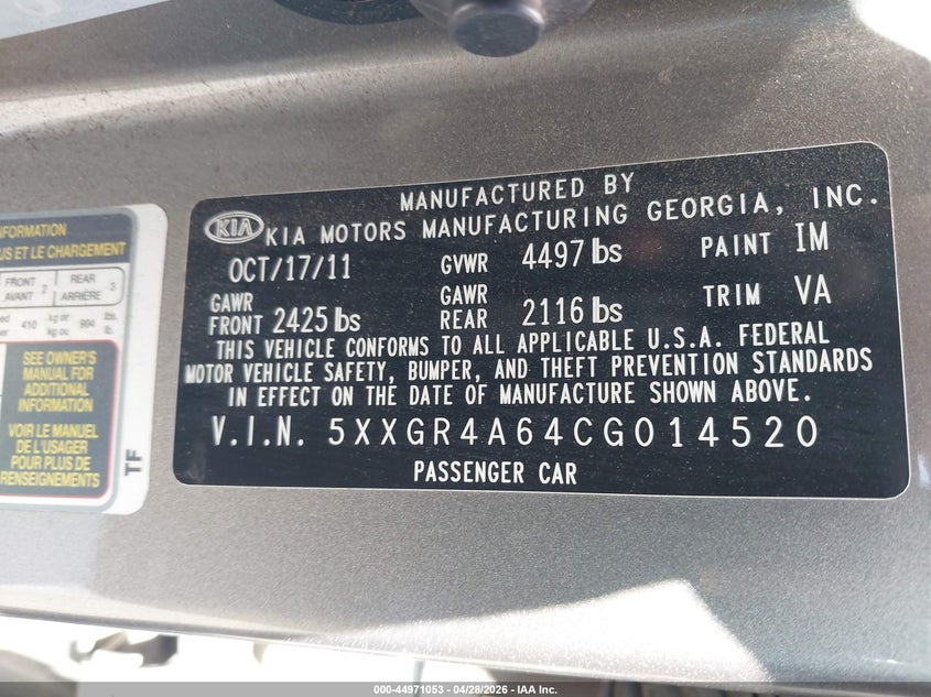 2012 Kia Optima VIN 5XXGR4A64CG014520 IAAI salvage auction — LEFT FRONT, Salvage (Utah), sold $650 on 2026-07-09 (photo 9)