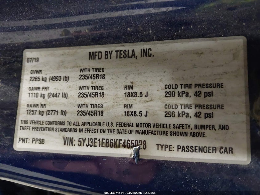 2019 Tesla Model 3 VIN 5YJ3E1EB6KF465028 IAAI salvage auction — LEFT SIDE, Salvage Title, sold $5,025 on 2026-07-10 (photo 9)