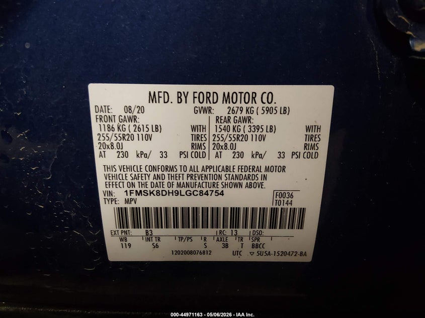 2020 Ford Explorer VIN 1FMSK8DH9LGC84754 IAAI salvage auction — HAIL, Salvage (Iowa), sold $8,800 on 2026-07-28 (photo 9)