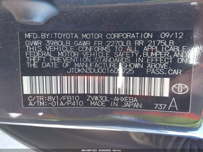 2012 Toyota Prius VIN JTDKN3DU0C1605725 IAAI salvage auction — NORMAL WEAR, Clear (Hawaii), sold $150 on 2026-07-14 (photo 9)