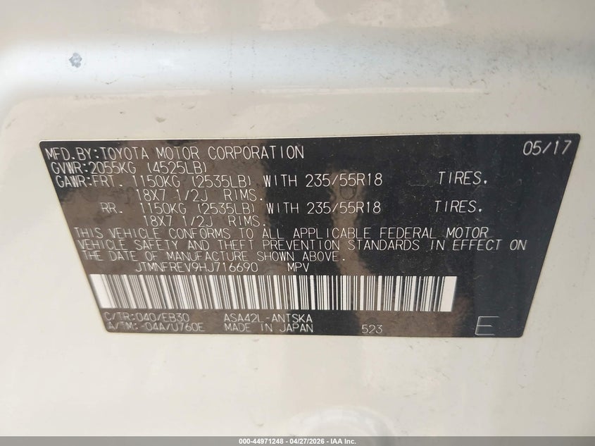2017 Toyota Rav 4 VIN JTMNFREV9HJ716690 IAAI salvage auction — FRONT END, Salvage Title, sold $3,500 on 2026-07-16 (photo 9)
