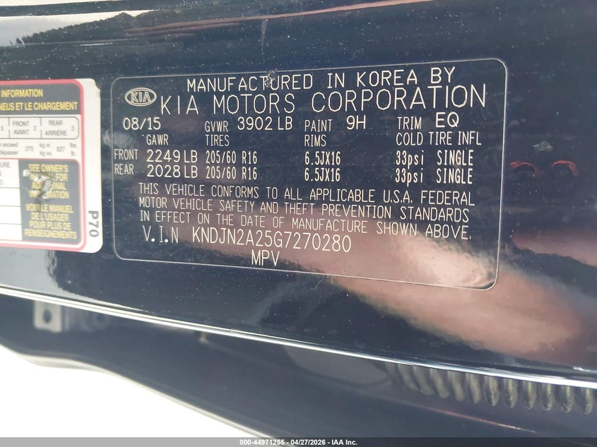 2016 Kia Soul VIN KNDJN2A25G7270280 IAAI salvage auction — RIGHT FRONT, Salvage (California), sold $1,250 on 2026-07-13 (photo 9)
