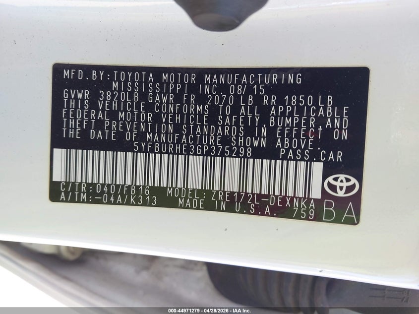 2016 Toyota Corolla VIN 5YFBURHE3GP375298 IAAI salvage auction — FRONT END, Clear (Hawaii), sold $1,475 on 2026-07-28 (photo 9)