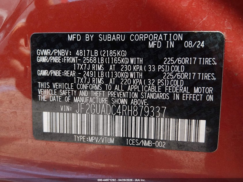 2024 Subaru Xv VIN JF2GUADC4RH879337 IAAI salvage auction — REAR END, Clear (Hawaii), sold $1,050 on 2026-07-30 (photo 9)