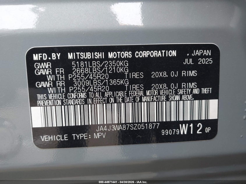 2025 Mitsubishi Outlander VIN JA4J3WA87SZ051877 IAAI salvage auction — FRONT END, Salvage (Georgia), sold $12,900 on 2026-08-02 (photo 9)