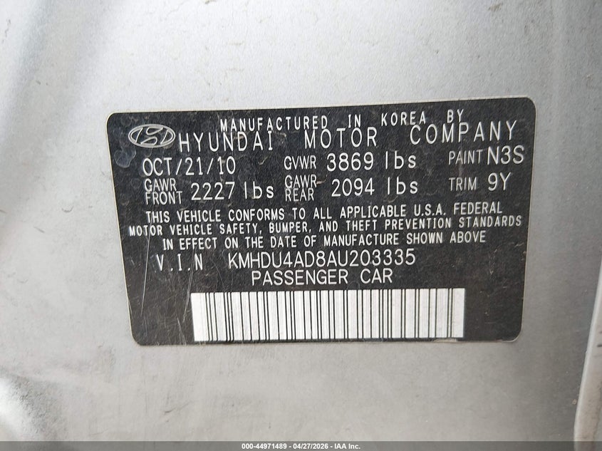 2010 Hyundai Elantra VIN KMHDU4AD8AU203335 IAAI salvage auction — REAR END, Clear (New Mexico), sold $725 on 2026-07-13 (photo 9)