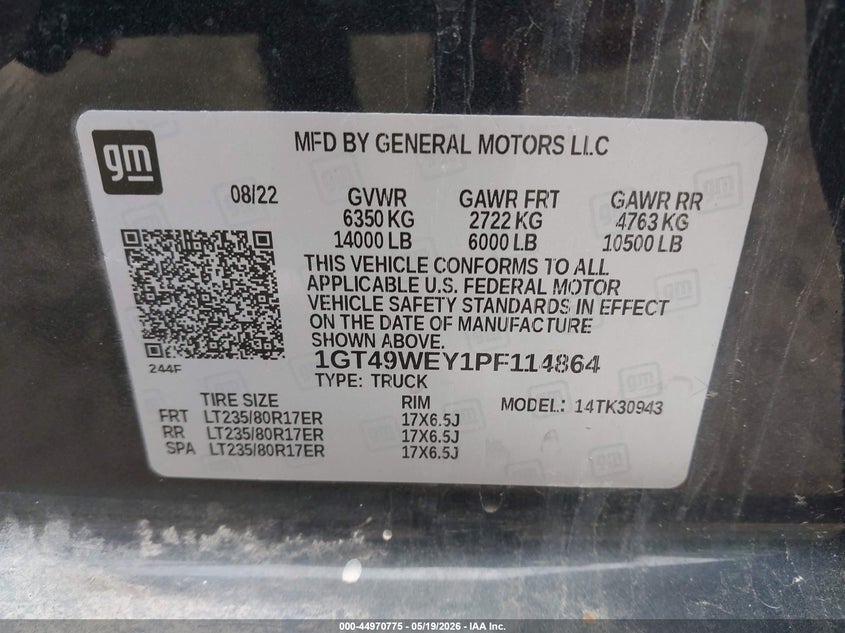 2023 Gmc SIERRA VIN 1GT49WEY1PF114864 IAAI salvage auction — ENGINE BURN, Non-Repairable (Kansas), sold $7,300 on 2026-07-31 (photo 9)