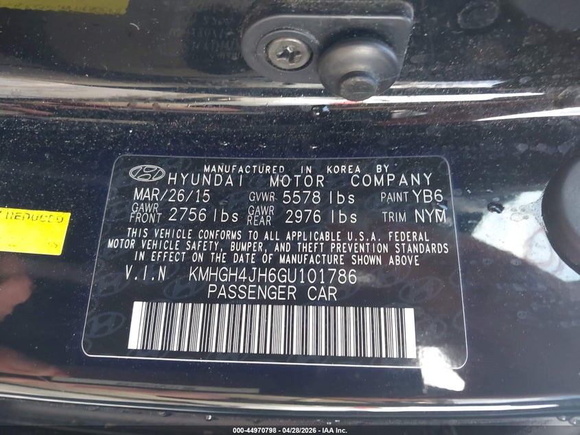 2016 Hyundai Equus VIN KMHGH4JH6GU101786 IAAI salvage auction — RIGHT SIDE, Salvage Title, sold $325 on 2026-07-30 (photo 9)