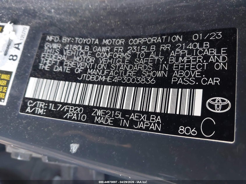 2023 Toyota Corolla VIN JTDBDMHE4P3003836 IAAI salvage auction — RIGHT FRONT, Salvage Title, sold $6,300 on 2026-07-07 (photo 9)
