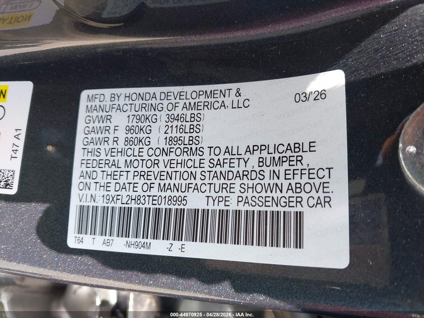 2026 Honda Civic VIN 19XFL2H83TE018995 IAAI salvage auction — RIGHT SIDE, Salvage (California), sold $8,300 on 2026-07-09 (photo 9)