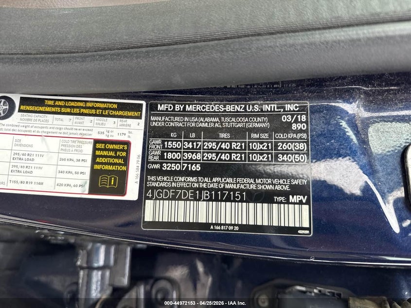 2018 Mercedes-benz Gls-class VIN 4JGDF7DE1JB117151 IAAI salvage auction — Unknown, Clear (Montana), sold $11,500 on 2026-05-29 (photo 9)
