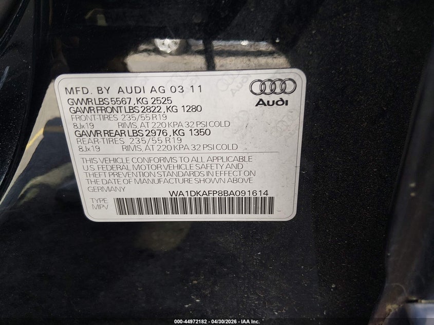 2011 Audi Q5 VIN WA1DKAFP8BA091614 IAAI salvage auction — NORMAL WEAR, Salvage (Texas), sold $200 on 2026-07-29 (photo 9)