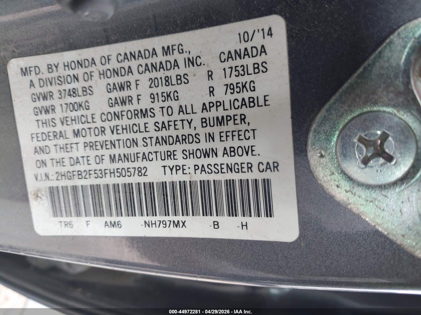 2015 Honda Civic VIN 2HGFB2F53FH505782 IAAI salvage auction — WATER/FLOOD, Junk Bill Of Sale Mv2459 (Wisconsin), sold $350 on 2026-07-17 (photo 9)