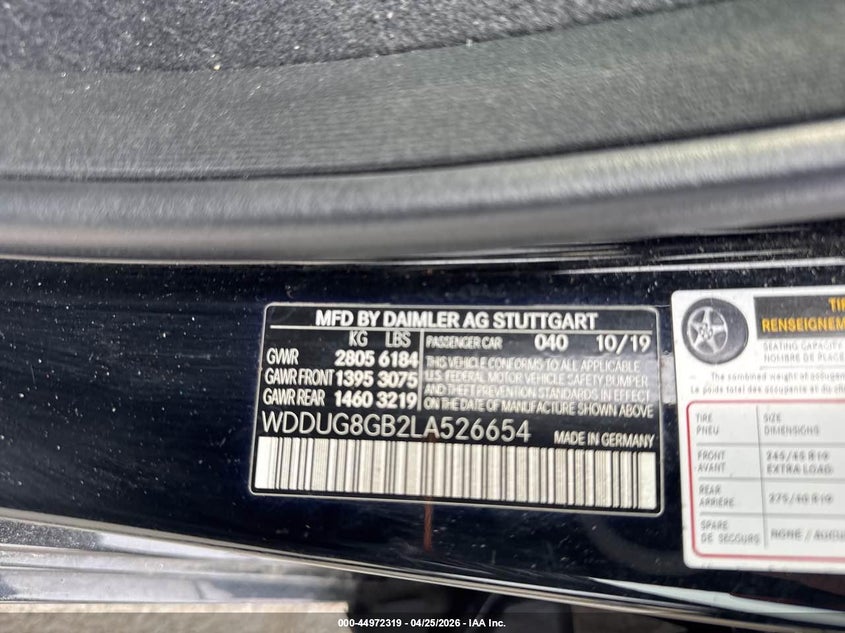 2020 Mercedes-benz S class VIN WDDUG8GB2LA526654 IAAI salvage auction — Unknown, Original (New Hampshire), sold $19,900 on 2026-05-29 (photo 9)