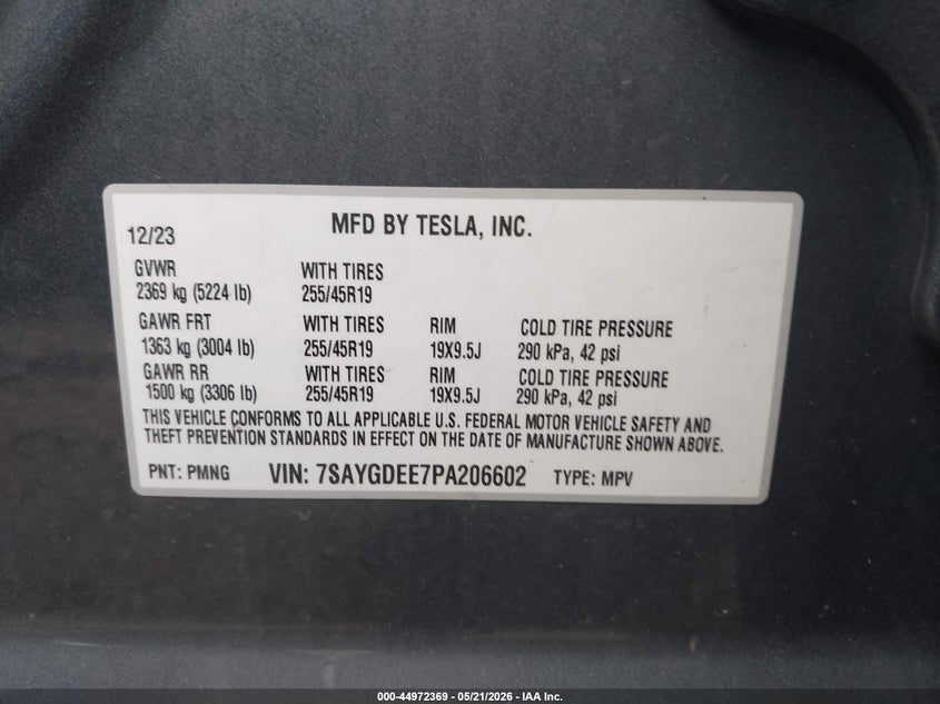 2023 Tesla Model y VIN 7SAYGDEE7PA206602 IAAI salvage auction — REAR END, Salvage (Massachusetts), sold $12,600 on 2026-07-30 (photo 9)