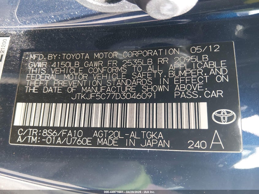 2013 Scion Tc VIN JTKJF5C77D3046091 IAAI salvage auction — NORMAL WEAR, Clear (Pennsylvania), sold $400 on 2026-07-23 (photo 9)