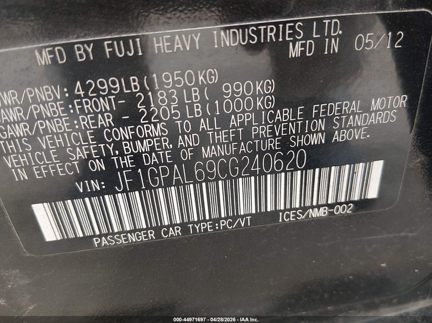 2012 Subaru Impreza VIN JF1GPAL69CG240620 IAAI salvage auction — NORMAL WEAR, Salvage (Texas), sold $100 on 2026-07-30 (photo 9)