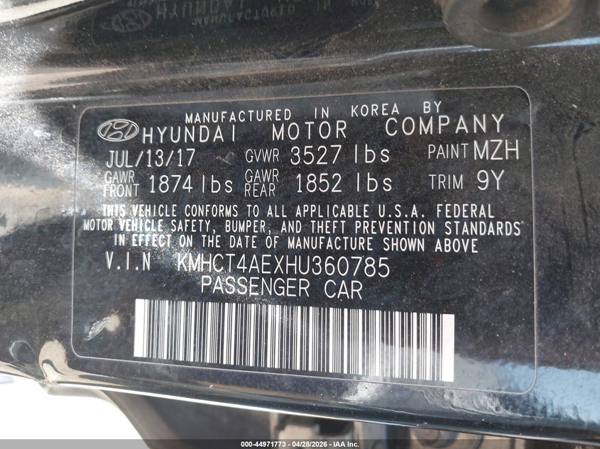 2017 Hyundai Accent VIN KMHCT4AEXHU360785 IAAI salvage auction — REAR END, Salvage (Texas), sold $850 on 2026-07-28 (photo 9)