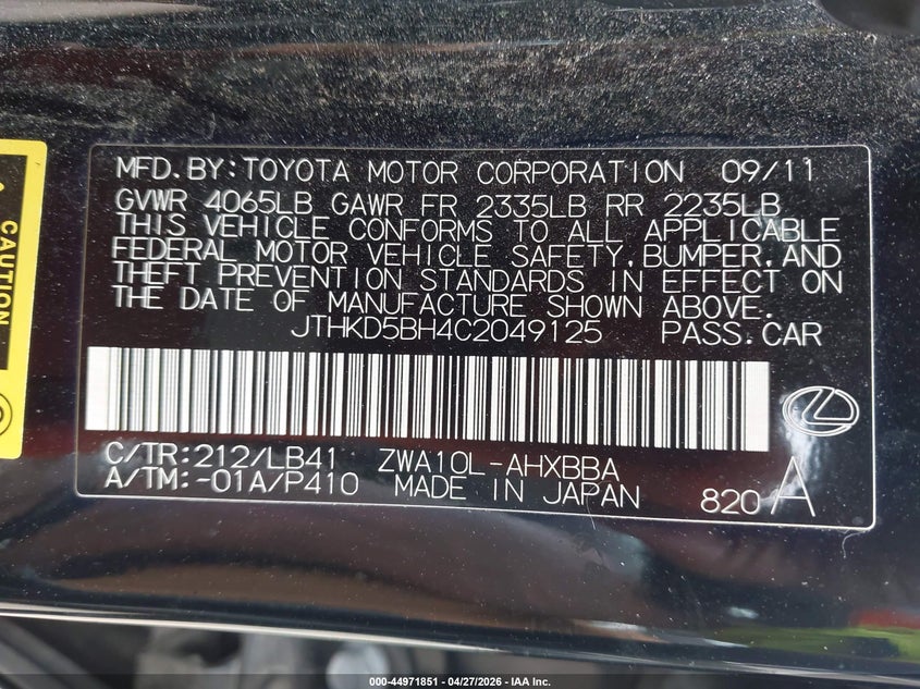 2012 Lexus Ct VIN JTHKD5BH4C2049125 IAAI salvage auction — NORMAL WEAR, Clear (Tennessee), sold $2,475 on 2026-07-07 (photo 9)