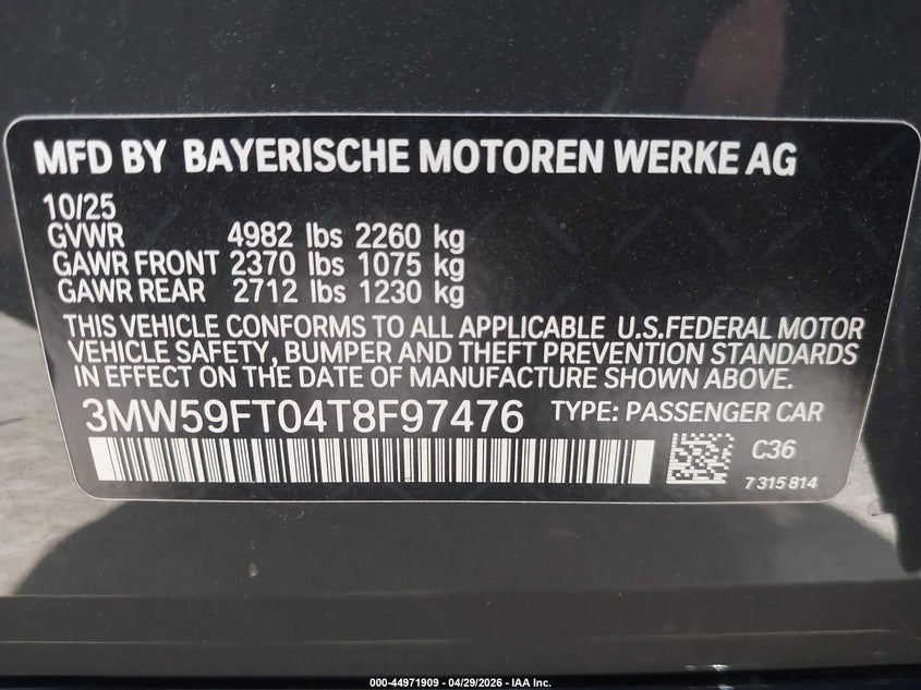 2026 BMW 3er VIN 3MW59FT04T8F97476 IAAI salvage auction — FRONT END, Salvage Title, sold $30,000 on 2026-07-27 (photo 9)