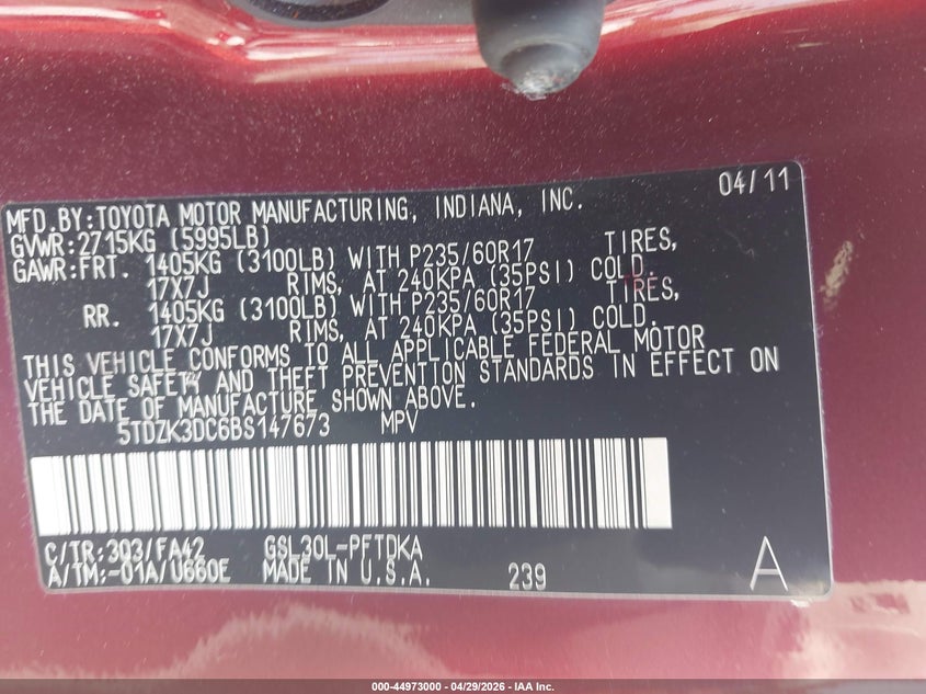 2011 Toyota Sienna VIN 5TDZK3DC6BS147673 IAAI salvage auction — FRONT END, Salvage (Alabama), sold $1,450 on 2026-07-22 (photo 9)