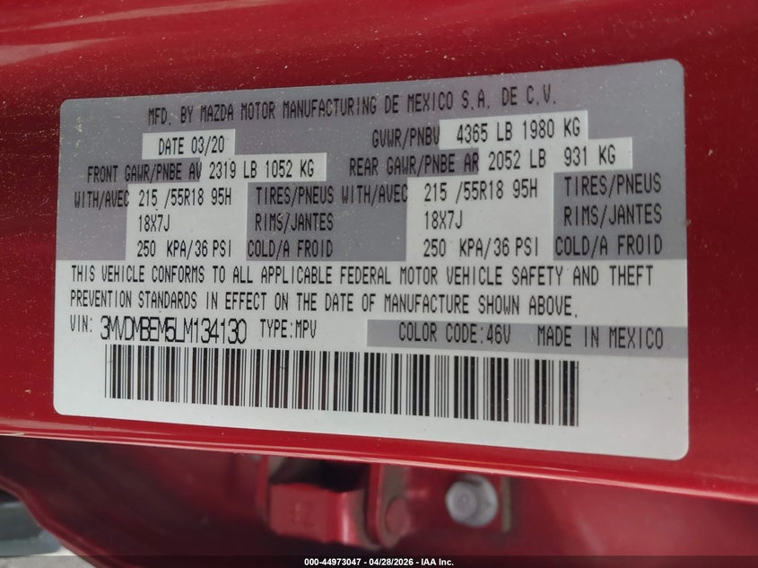 2020 Mazda Cx-30 VIN 3MVDMBEM5LM134130 IAAI salvage auction — FRONT END, Salvage Title, sold $2,500 on 2026-07-08 (photo 9)