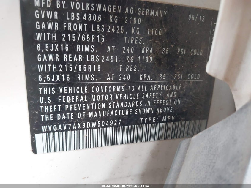 2013 Volkswagen Tiguan VIN WVGAV7AX9DW504927 IAAI salvage auction — NORMAL WEAR, Salvage (Texas), sold $1,525 on 2026-07-14 (photo 9)