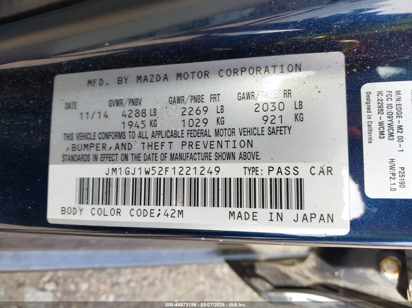 2015 Mazda 6 VIN JM1GJ1W52F1221249 IAAI salvage auction — REAR END, Rebuildable (Florida), sold $1,650 on 2026-07-28 (photo 9)