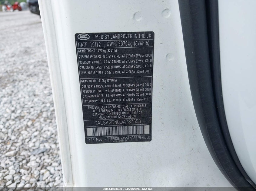 2013 Land rover Range rover sport VIN SALSK2D40DA787553 IAAI salvage auction — FRONT END, Salvage (Kentucky), sold $1,600 on 2026-07-21 (photo 9)