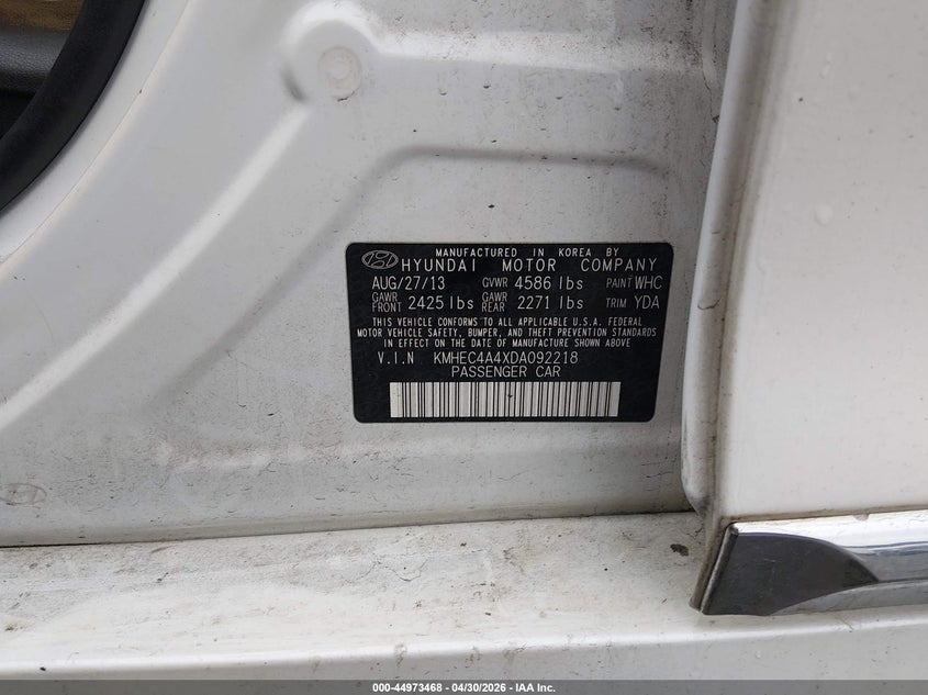 2013 Hyundai VIN KMHEC4A4XDA092218 IAAI salvage auction — FRONT & REAR, Salvage (New Jersey), sold $575 on 2026-07-20 (photo 9)