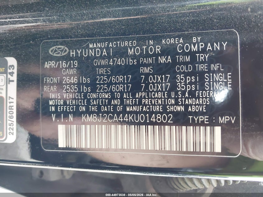 2019 Hyundai Tucson VIN KM8J2CA44KU014802 IAAI salvage auction — THEFT, Mv-907A (New York), sold $4,650 on 2026-07-21 (photo 9)