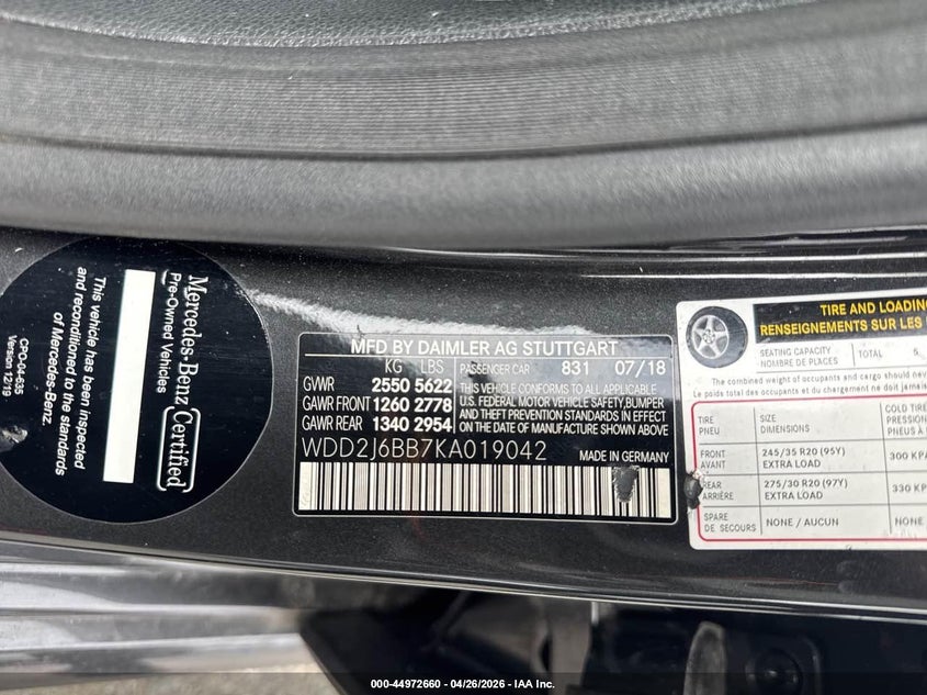 2019 Mercedes-benz Cls-class VIN WDD2J6BB7KA019042 IAAI salvage auction — Unknown, Original (West Virginia), sold $27,500 on 2026-05-29 (photo 9)