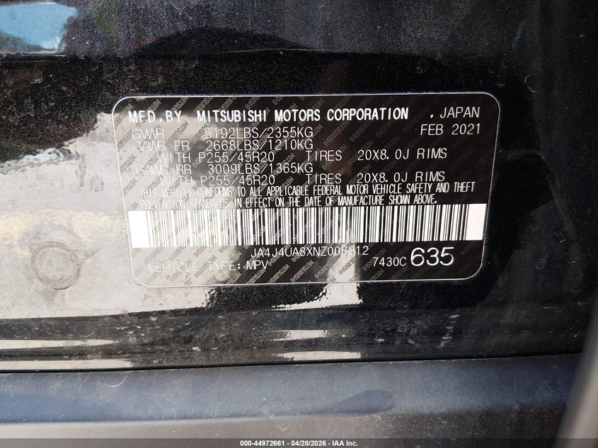 2022 Mitsubishi Outlander VIN JA4J4UA8XNZ006812 IAAI salvage auction — LEFT SIDE, Salvage Title, sold $7,500 on 2026-07-09 (photo 9)