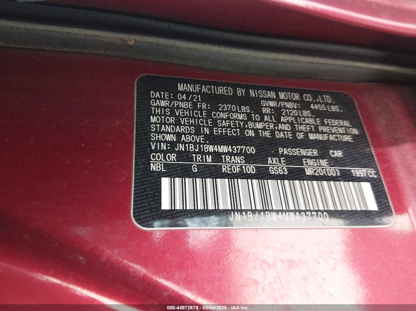 2021 Nissan Rogue VIN JN1BJ1BW4MW437700 IAAI salvage auction — HAIL, Salvage (Nebraska), sold $7,400 on 2026-08-20 (photo 9)