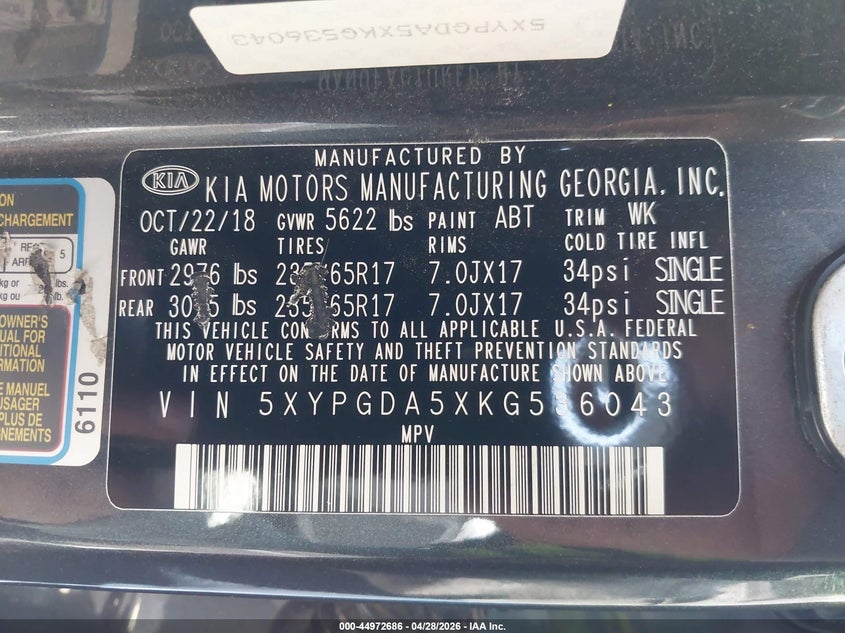2019 Kia Sorento VIN 5XYPGDA5XKG536043 IAAI salvage auction — FRONT END, Salvage (Texas), sold $2,650 on 2026-07-28 (photo 9)