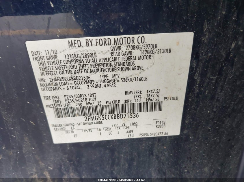 2011 Ford Flex VIN 2FMGK5CCXBBD21536 IAAI salvage auction — FRONT END, Original (Texas), sold $725 on 2026-07-24 (photo 9)