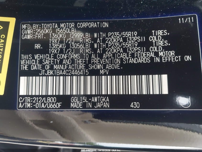 2012 Lexus Rx VIN JTJBK1BA4C2446415 IAAI salvage auction — REAR END, Salvage (Georgia), sold $4,050 on 2026-08-02 (photo 9)