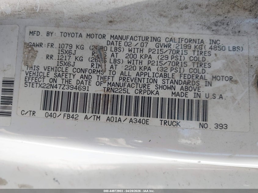 2007 Toyota Tacoma VIN 5TETX22N47Z394691 IAAI salvage auction — FRONT END, Salvage (California), sold $1,700 on 2026-07-30 (photo 9)