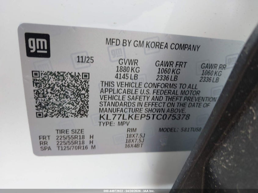 2026 Chevrolet Trax VIN KL77LKEP5TC075378 IAAI salvage auction — HAIL, Salvage (Iowa), sold $14,700 on 2026-07-20 (photo 9)
