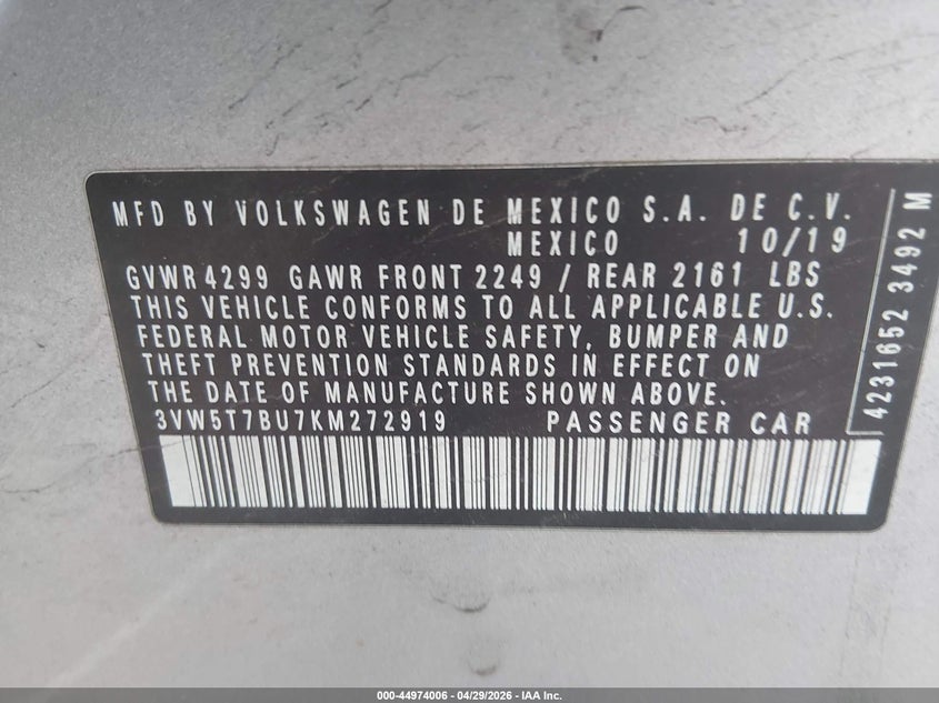 2019 Volkswagen Jetta VIN 3VW5T7BU7KM272919 IAAI salvage auction — FRONT END, Salvage Title, sold $4,150 on 2026-07-12 (photo 9)