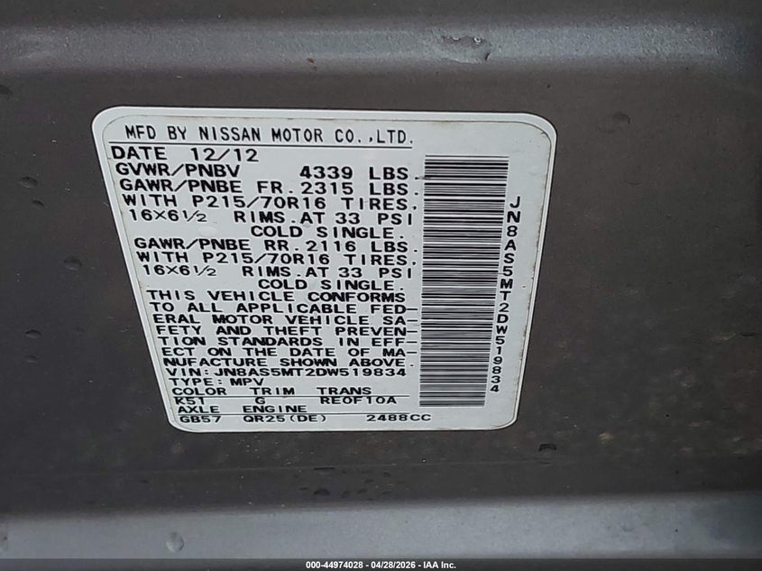 2013 Nissan Rogue VIN JN8AS5MT2DW519834 IAAI salvage auction — FRONT END, Salvage Title, sold $375 on 2026-07-16 (photo 9)