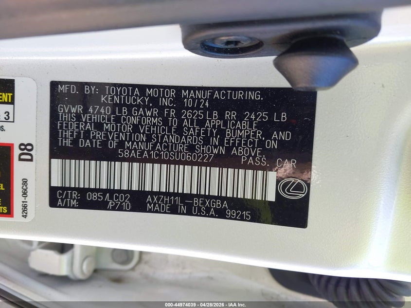 2025 Lexus ES VIN 58AEA1C10SU060227 IAAI salvage auction — REAR END, Salvage (New Hampshire), sold $21,550 on 2026-07-20 (photo 9)