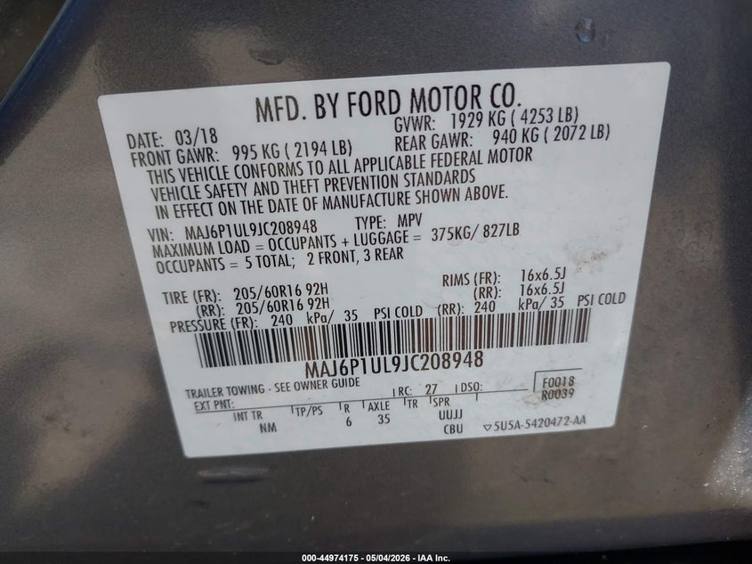 2018 Ford Ecosport VIN MAJ6P1UL9JC208948 IAAI salvage auction — FRONT END, Salvage (Virginia), sold $1,950 on 2026-07-13 (photo 9)