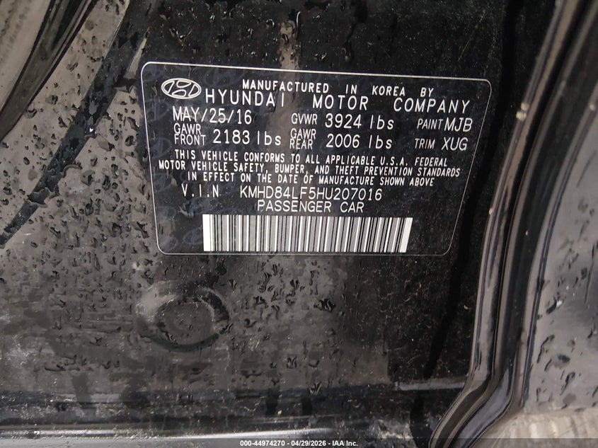 2017 Hyundai Elantra VIN KMHD84LF5HU207016 IAAI salvage auction — FRONT END, Original (Kentucky), sold $825 on 2026-07-20 (photo 9)