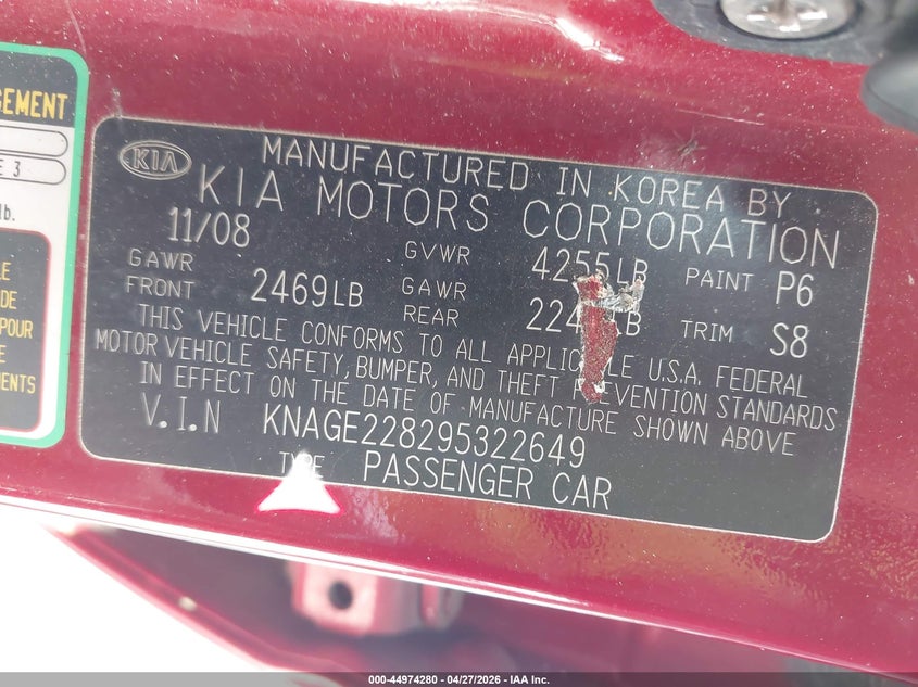 2009 Kia Optima VIN KNAGE228295322649 IAAI salvage auction — FRONT END, Salvage (Texas), sold $625 on 2026-07-08 (photo 9)