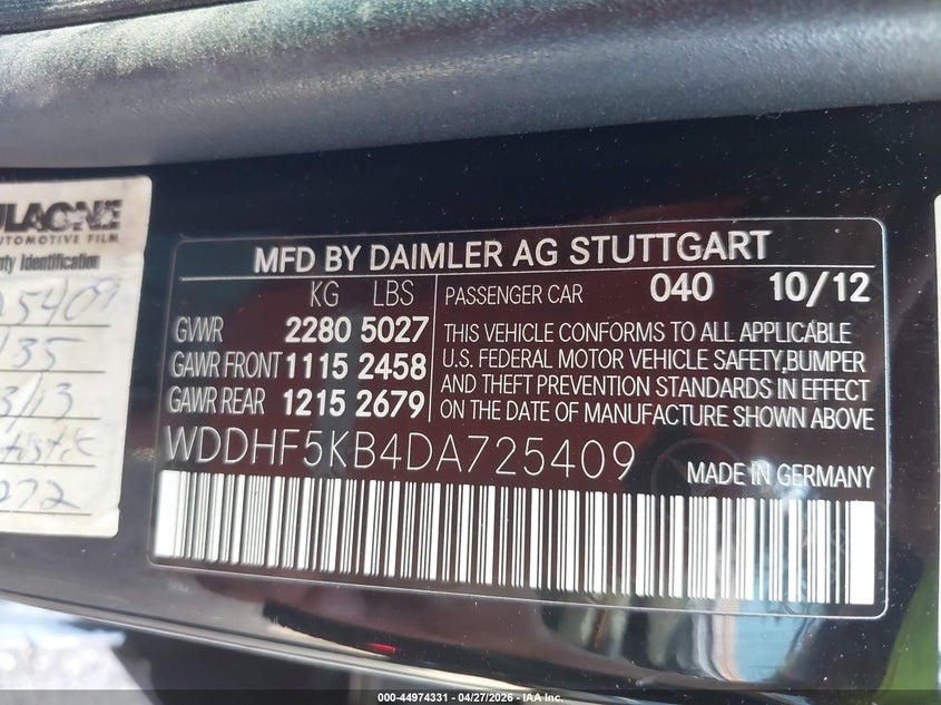 2013 Mercedes-benz E-klasse VIN WDDHF5KB4DA725409 IAAI salvage auction — RIGHT SIDE, Salvage Title, sold $850 on 2026-07-22 (photo 9)