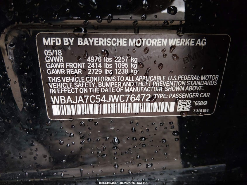 2018 BMW 5er VIN WBAJA7C54JWC76472 IAAI salvage auction — FRONT END, Salvage Title, sold $7,075 on 2026-07-08 (photo 9)